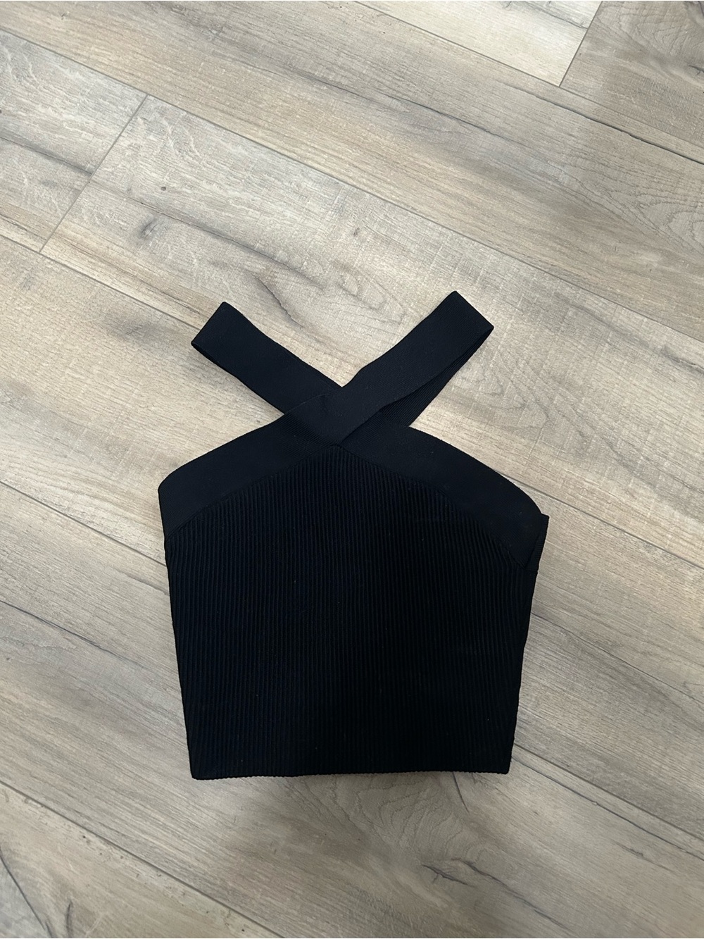Babaton Black Cross-Strap Ribbed Crop Top